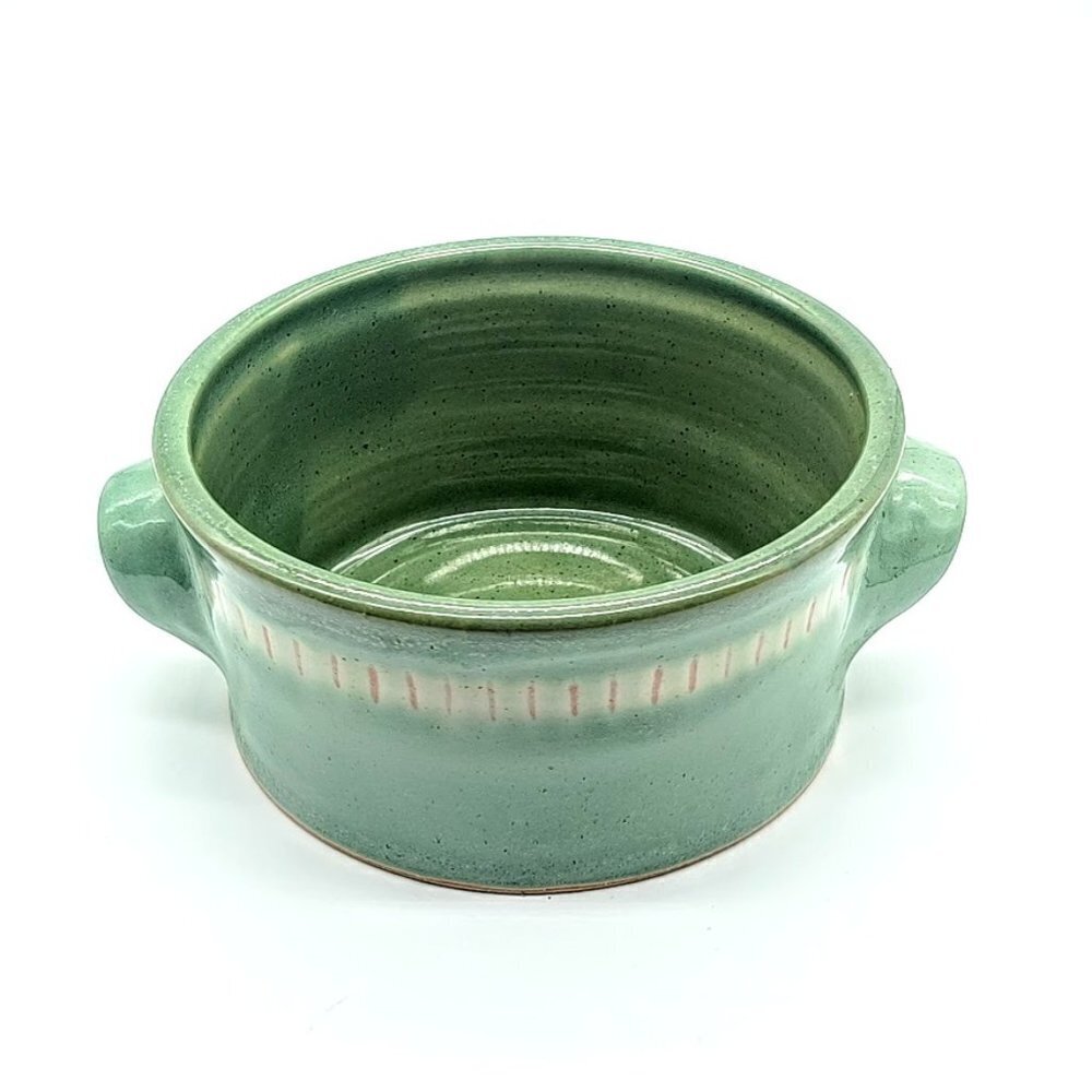 Signed Studio Artisan Pottery Green Glazed Double Handle Bowl